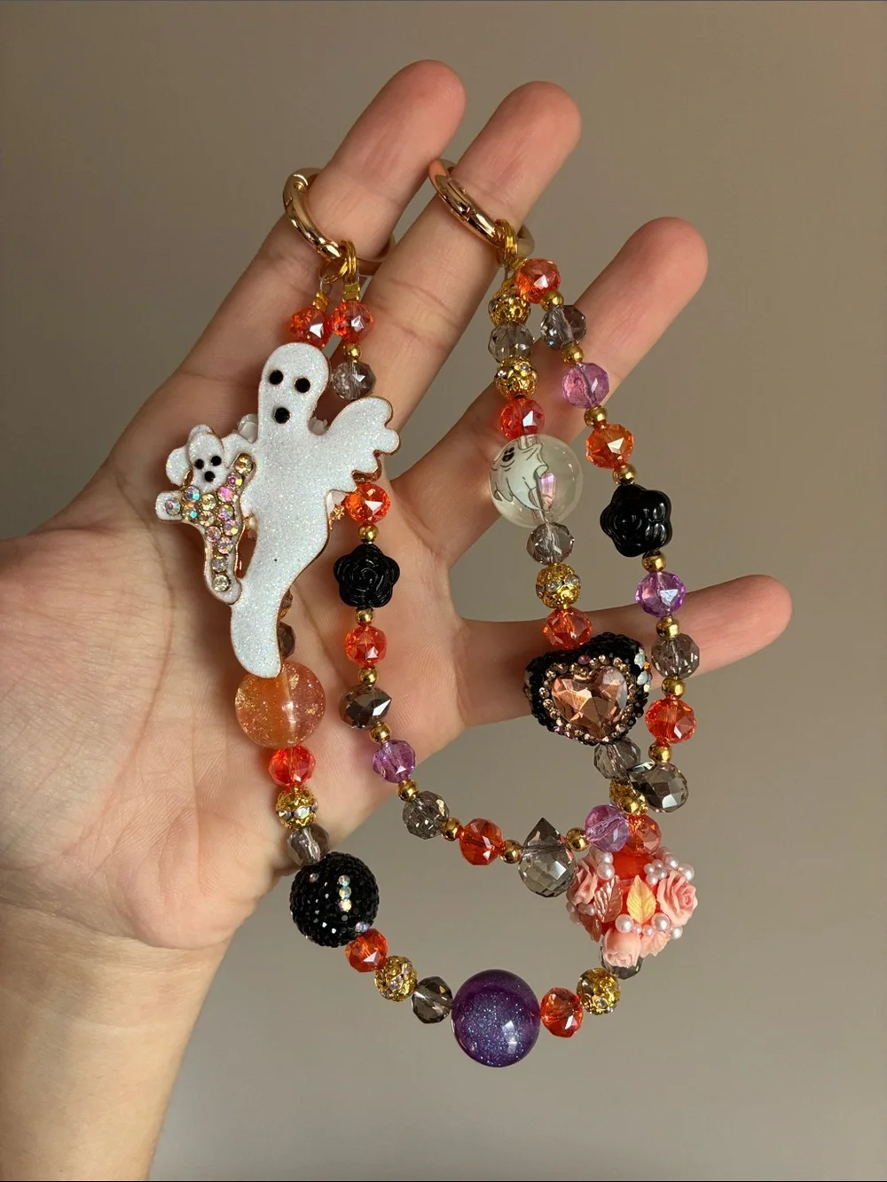 Halloween Ghost Black and Orange Beaded Bag Chain